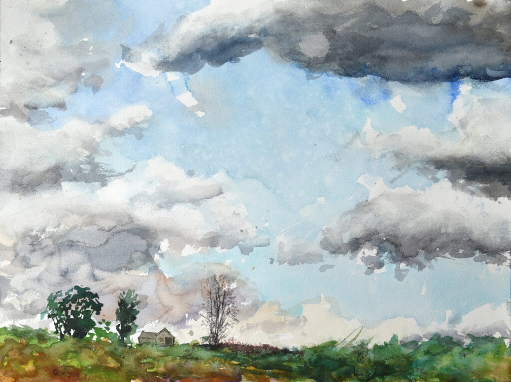 Original watercolor wall art, a country landscape painting in blues, greens, and grays, fluffy clouds, sunny sky, shadows on the land