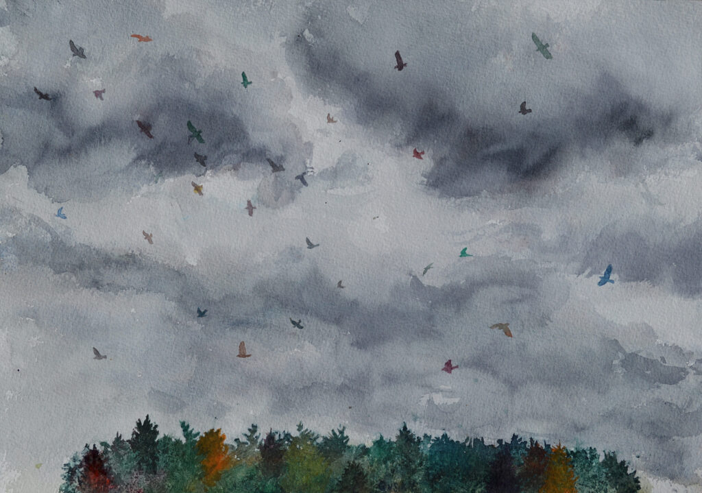 Small watercolor painting: crows in many colors cross a cloudy sky above an island of pine trees, all in greens, blues, reds, yellows, oranges, browns, and grays