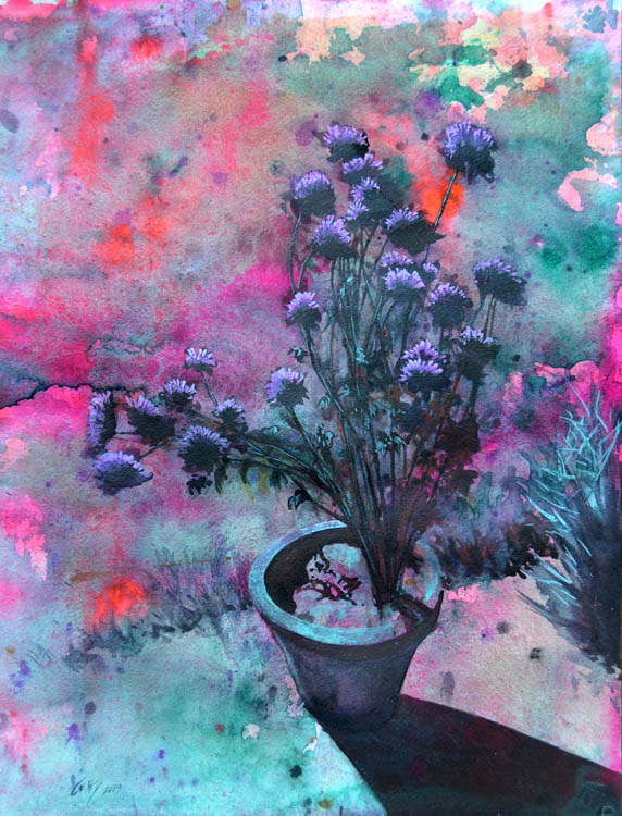 Flowers in Moonlight - 2019 - watercolor on paper - contemporary wall art painting available for sale