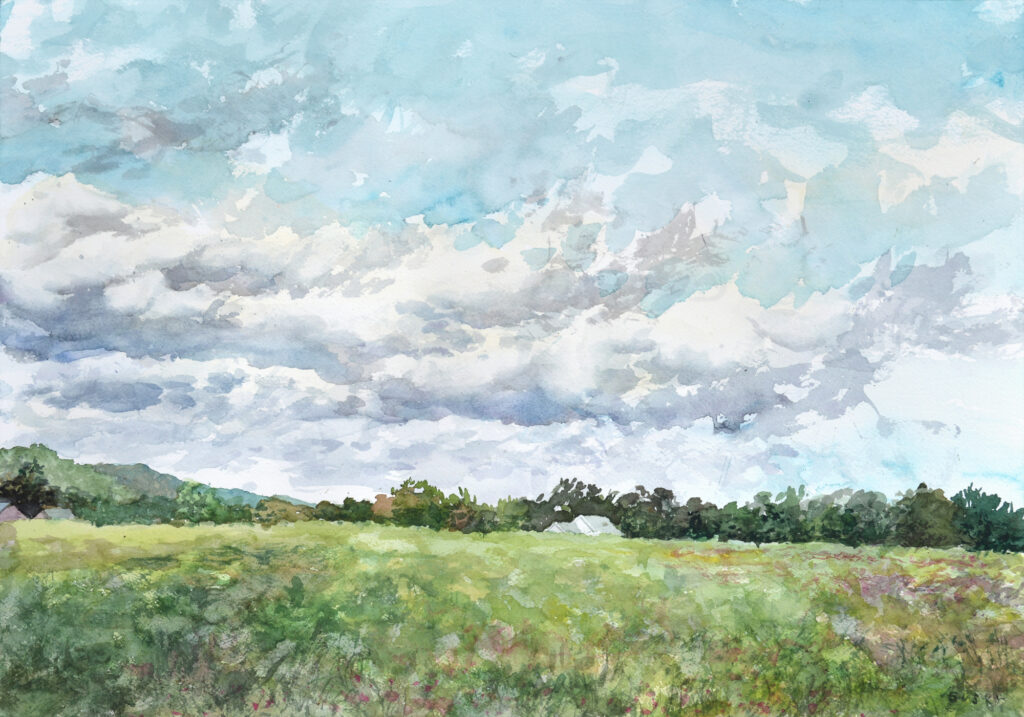 midsized watercolor painting, bright white clouds in whites, violets, blues and browns, and sunny turquoise sky over open fields with a little house and distant hills