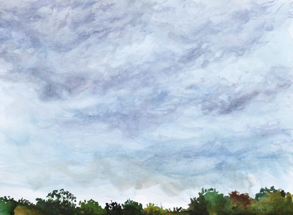 Small watercolor painting of low clouds overhead in violets and cobalt over a bordering treeline