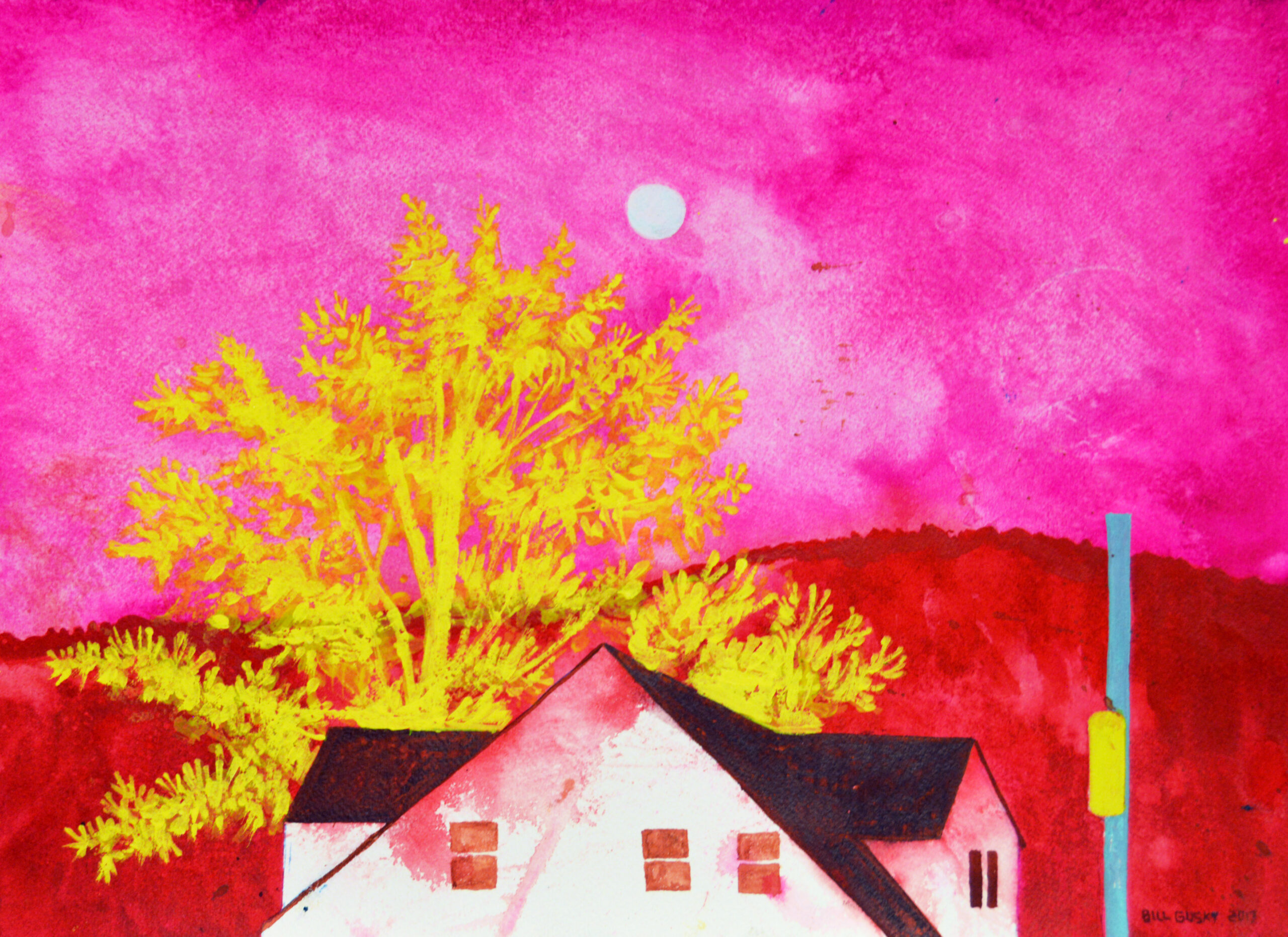 Pink sky, gold tree, bleeding white house before bleeding hills, white circle moon rising