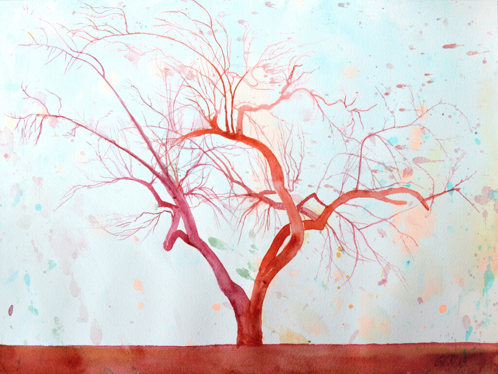 Red Orchard - 2023 - watercolor -   contemporary wall art painting available for sale