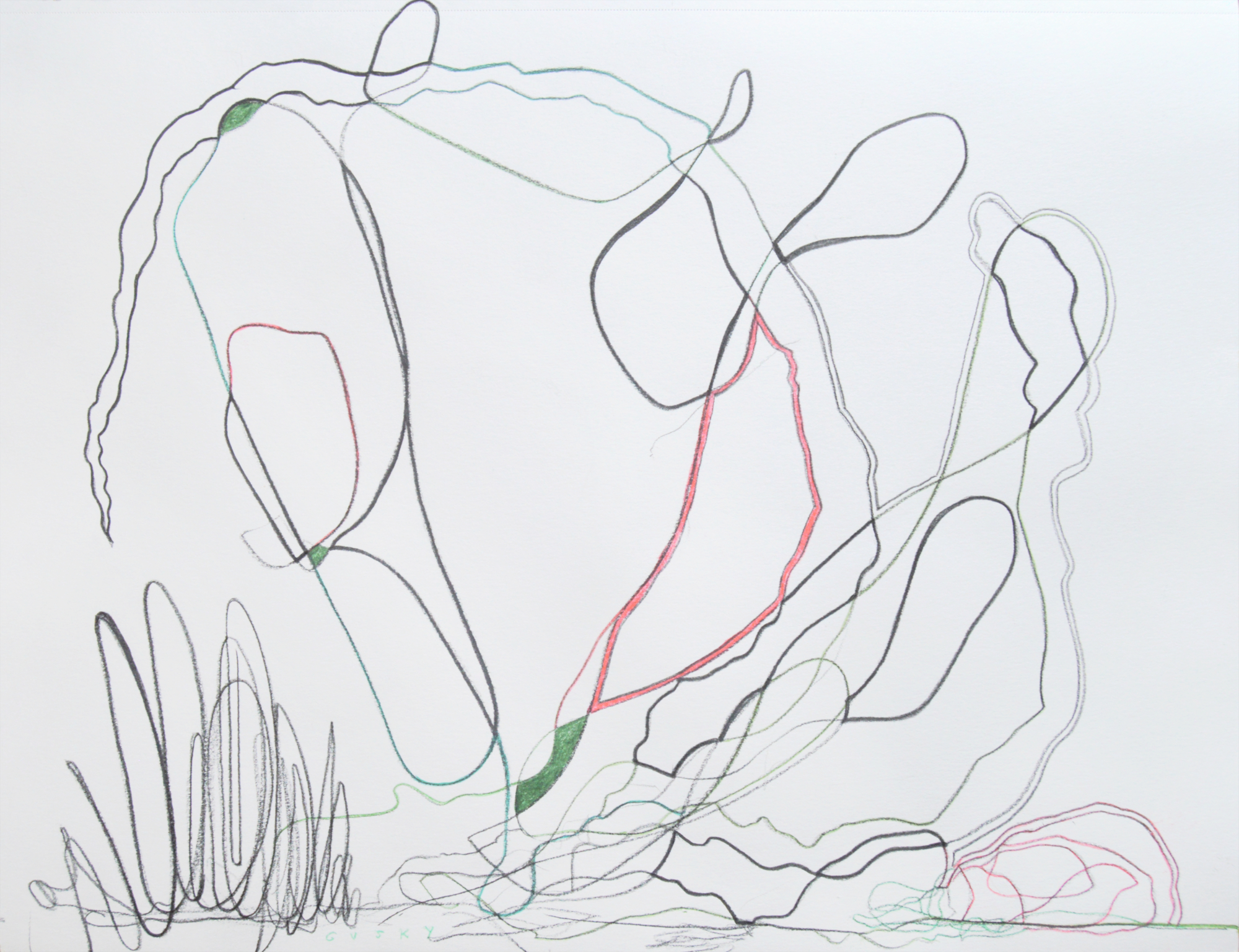 abstract line drawing - a spray of black looping scribbles at bottom left, big arcs, loops, and structures of lines at right, some paired, in black, forest green, bottle blue, and wine red