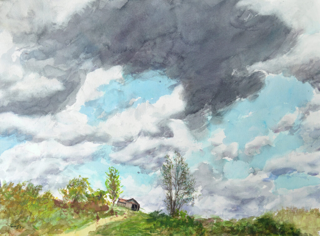 Original watercolor wall art, a country landscape painting in blues, greens, and grays