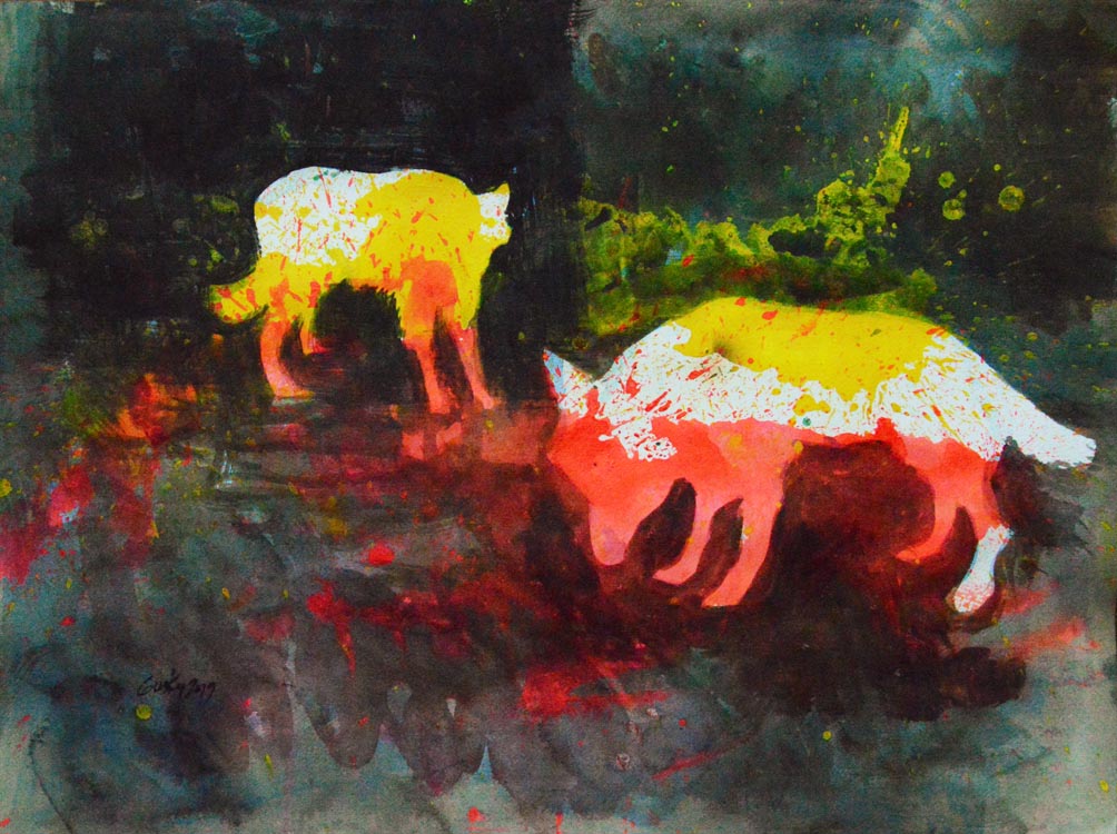 The Holding Yard - 2019 - watercolor on paper -  contemporary wall art painting available for sale