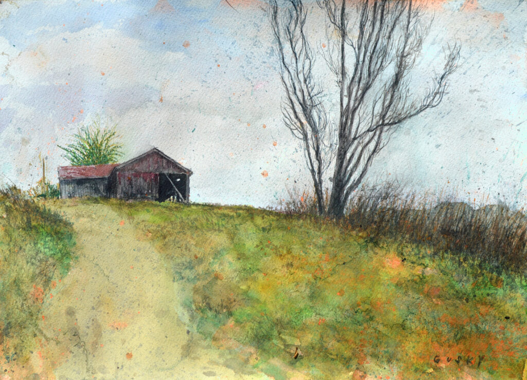 contemporary landscape painting of a dilapidated barn and a tree before the leaves