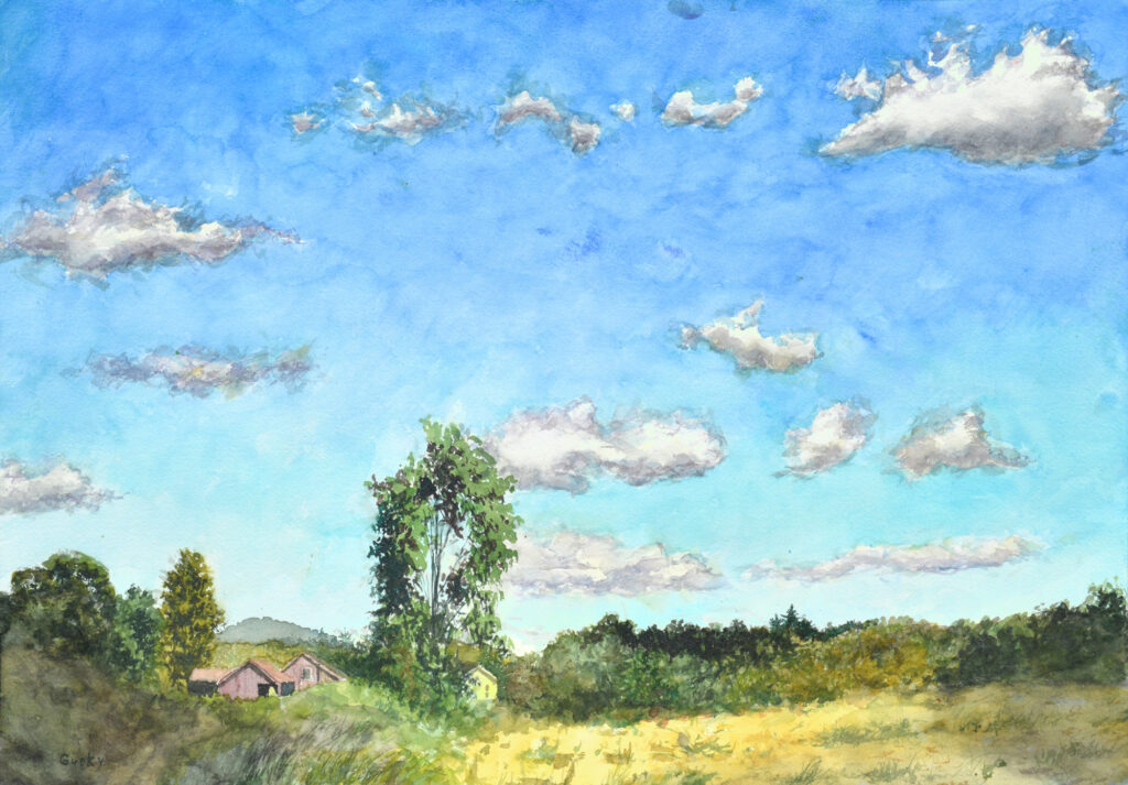 medium-sized watercolor painting of blue sky, fluffy clouds, fluffy trees, barn outbuildings, and a yellow house